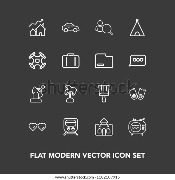 Modern, simple vector icon set on dark background\
with paintbrush, vehicle, flipper, sport, architecture, web,\
underwater, real, property, nature, tower, palm, fashion, antenna,\
travel, train icons