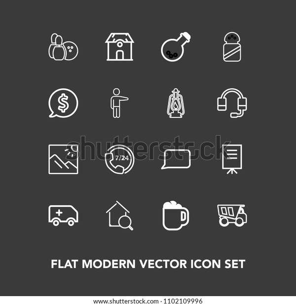Modern, simple vector icon set on dark background\
with support, sport, cup, meeting, bowling, truck, laboratory,\
game, medical, talk, cafe, drink, travel, tipper, call, photo,\
help, bubble, tool\
icons