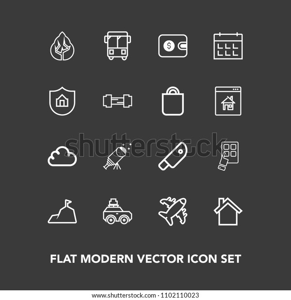 Modern, simple vector icon set on dark background\
with cut, mobile, knife, road, wallet, sky, kitchen, technology,\
airplane, plane, finance, environment, forest, device, bus, purse,\
telescope icons