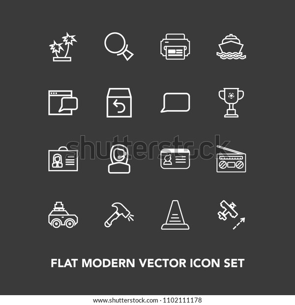 Modern, simple vector icon set on dark background\
with concept, office, luggage, travel, magnifying, record,\
airplane, bag, search, equipment, profile, aircraft, female, id,\
center, step, radio\
icons