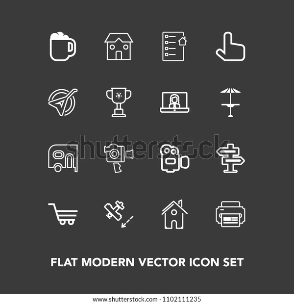 Modern, simple vector icon set on dark background\
with doorknob, camera, cart, cup, transport, folk, van, click,\
plane, dont, video, transportation, flight, coffee, retail, car,\
document, mug icons