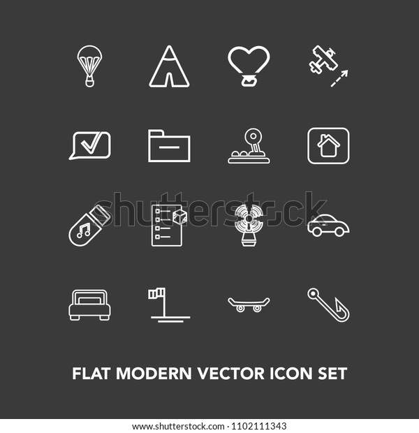Modern, simple vector icon set on dark background\
with box, mexico, sea, jump, music, rod, parachute, beach, taxi,\
furniture, outdoor, skater, parachuting, car, storage, seamark,\
travel, hook icons