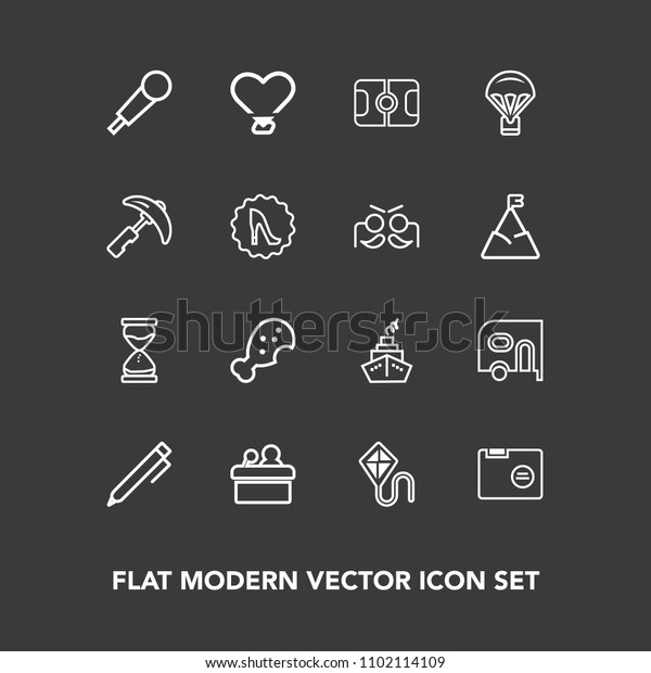 Modern, simple vector icon set on dark background\
with blank, summer, fast, pen, stadium, clock, food, sound,\
meeting, karaoke, presentation, transport, , hand, transportation,\
heart, chicken icons