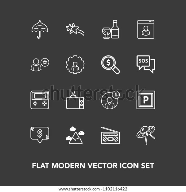 Modern, simple vector icon set on dark background\
with wine, button, nature, account, open, audio, music, mountain,\
shiny, tv, star, record, technology, road, blue, falling,\
accounting, vehicle\
icons