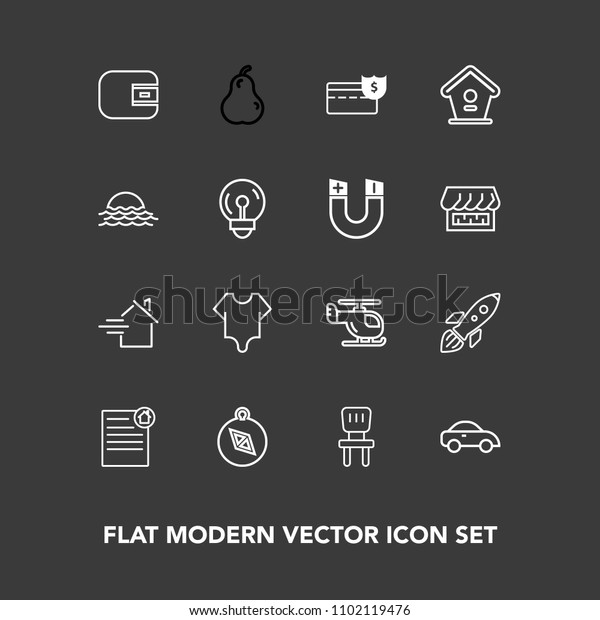 Modern, simple vector icon set on dark background\
with document, rent, finance, model, taxi, direction, house, south,\
fashion, money, wallet, contract, purse, transport, air, business,\
cash, car icons