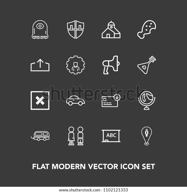 Modern, simple vector icon set on dark background\
with construction, sign, security, food, chalkboard, bus, monster,\
map, globe, transport, sack, travel, planet, vehicle, world,\
shield, board icons