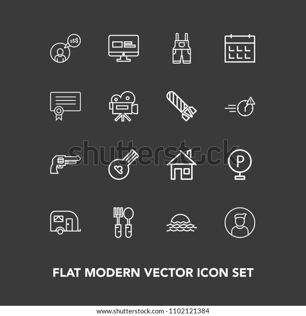 Modern, simple vector icon set on dark background\
with transportation, computer, revolver, morning, lot, website,\
traffic, car, pistol, spoon, music, road, architecture, string,\
landscape, home icons