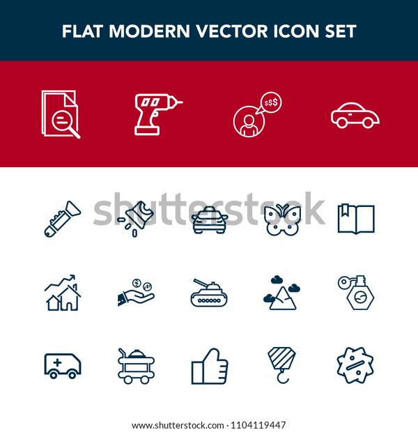 Modern, simple vector icon set with car, army,\
money, butterfly, open, freelancer, finance, book, click, machine,\
wing, zoom, computer, projection, property, vehicle, screen,\
projector, video icons