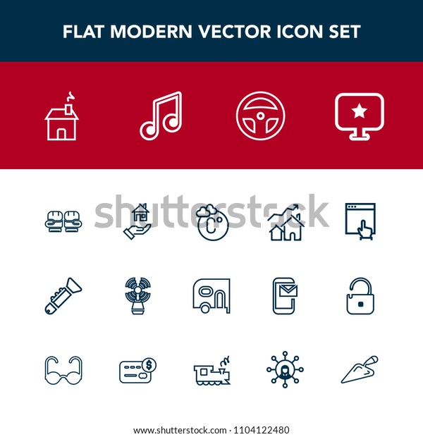 Modern, simple vector icon set with computer, sign,\
increase, web, scale, technology, home, fight, equipment,\
thermometer, house, transportation, rent, lighthouse, laboratory,\
beacon, bugle, car\
icons