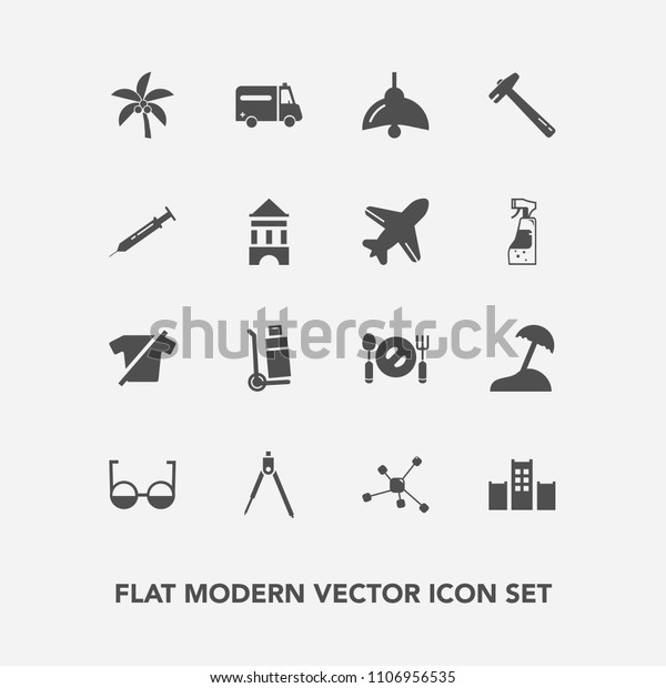 Modern, simple vector icon set with transportation,\
plate, knife, truck, vacation, medical, wrench, fashion, summer,\
shipping, hotel, lamp, engineering, bulb, clothing, tropical, palm,\
island icons