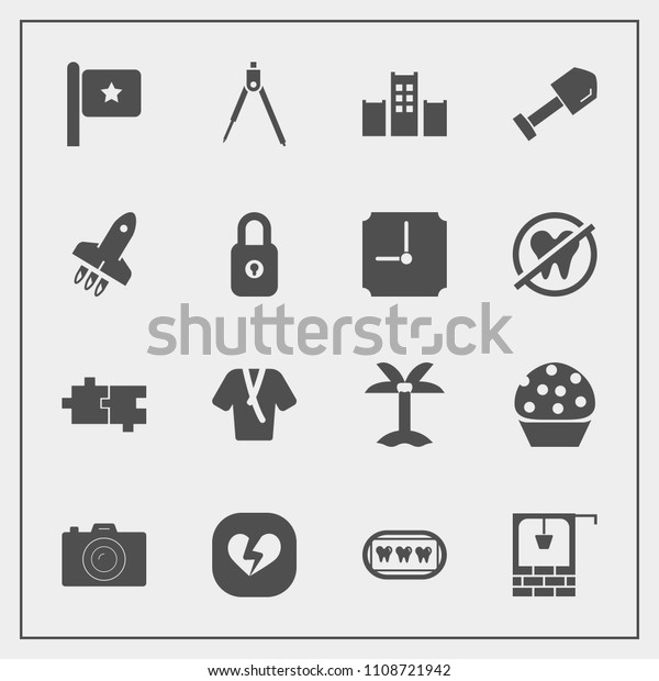 Modern, simple vector icon set with palm,\
equipment, doughnut, food, summer, broken, vacation, fashion,\
america, sweet, stone, hotel, dentist, puzzle, shovel,\
construction, well, bucket, old\
icons
