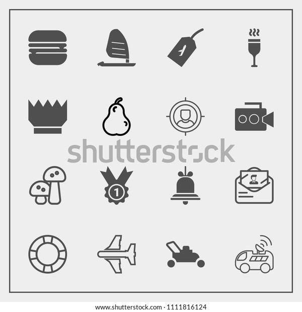 Modern, simple vector icon set with nature,\
notification, award, car, aircraft, gardening, equipment, drink,\
pool, winner, food, mail, wind, mushroom, airplane, alarm,\
technology, sandwich, surf\
icons