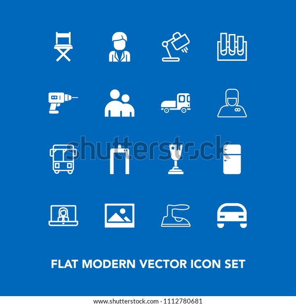 Modern, simple vector icon set on blue background\
with seat, lamp, domestic, car, clothes, male, place, picture,\
call, household, table, old, transportation, xray, scan, art, road,\
video, iron icons