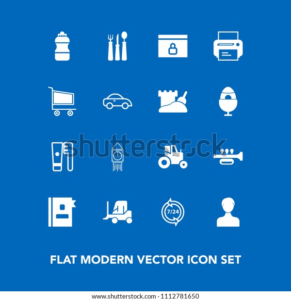 Modern, simple vector icon set on blue background\
with book, restaurant, lock, care, clean, truck, website, help,\
fork, telephone, drink, field, spoon, delivery, london, sound,\
tractor, brush icons