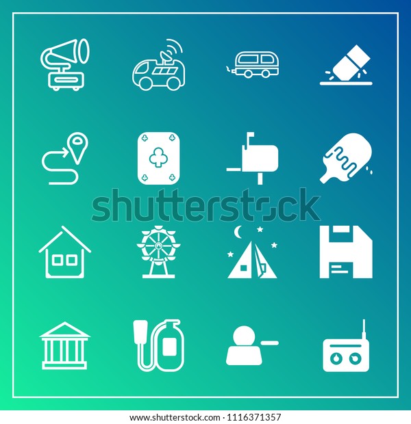 Modern, simple vector icon set on gradient\
background with satellite, record, bus, tent, account, building,\
car, house, equipment, carousel, greek, music, computer, safety,\
london, architecture\
icons