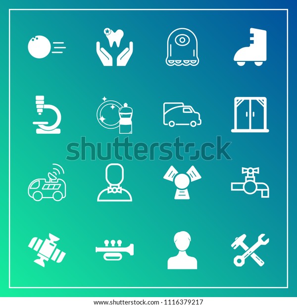 Modern, simple vector icon set on gradient\
background with sink, wrench, fun, tool, cartoon, white, planet,\
alien, satellite, account, tap, navigation, sport, water,\
technology, profile, dentist\
icons