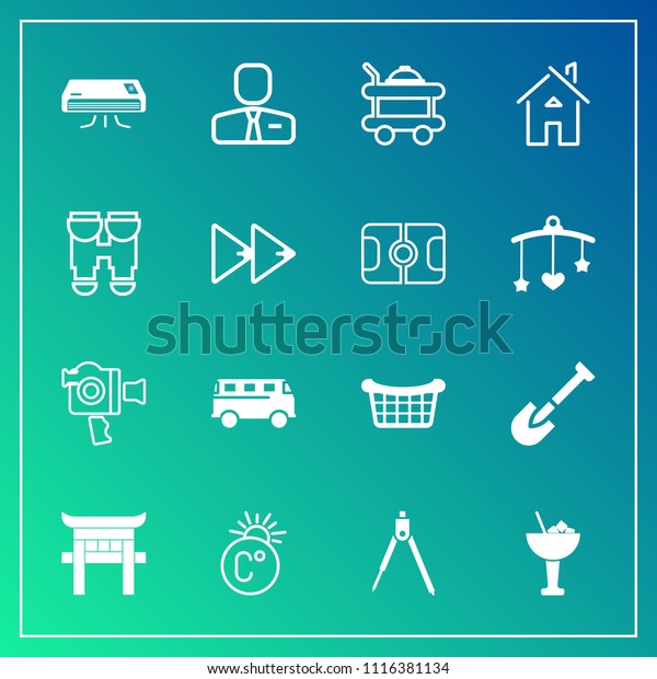 Modern, simple vector icon set on gradient\
background with temperature, business, construction, thermometer,\
bus, engineering, market, camera, travel, film, equipment,\
employee, road, tool, bar\
icons