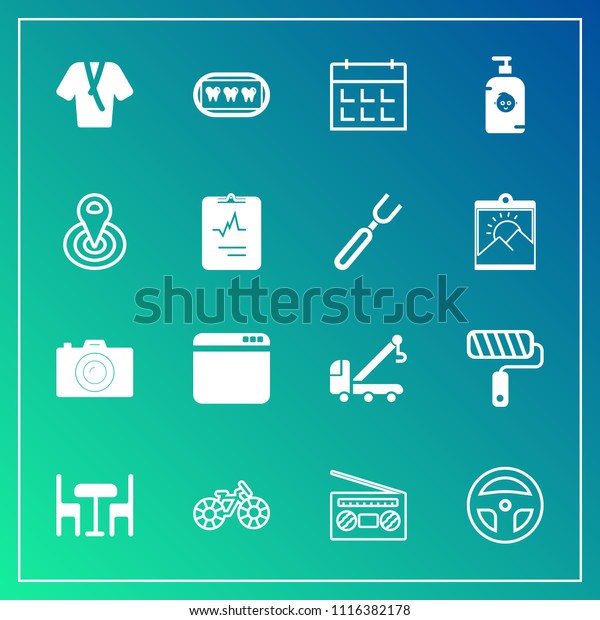 Modern, simple vector icon set on gradient\
background with healthy, music, paint, technology, truck, website,\
day, record, dental, cycle, sign, white, bathrobe, timetable,\
wheel, table, fashion\
icons