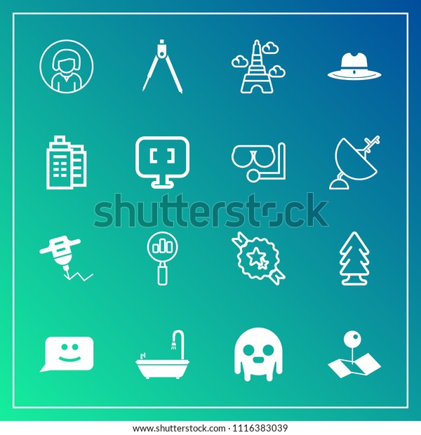 Modern, simple vector icon set on gradient\
background with hat, fiction, young, work, tower, alien, chat,\
hand, landscape, smile, find, lady, monster, cowboy, landmark, pin,\
france, girl, forest\
icons
