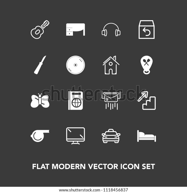 Modern, simple vector icon set on dark background
with sport, downstairs, message, digital, work, travel, up, audio,
desk, home, document, butterfly, car, passport, transportation,
musical, bed icons