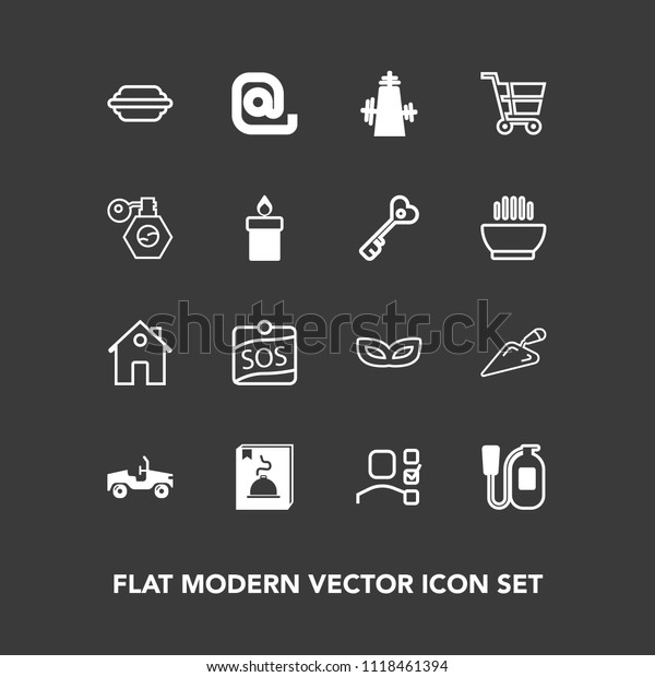 Modern, simple vector icon set on dark background\
with office, emergency, kitchen, equipment, sos, party, task,\
perfume, bun, label, safety, masquerade, lettuce, real, plan,\
danger, shovel, fire\
icons