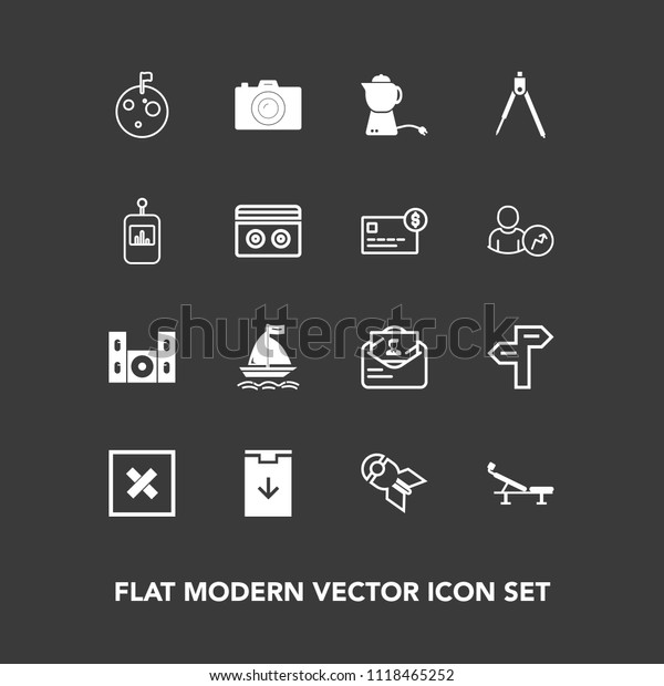 Modern, simple vector icon set on dark background\
with photography, moon, tea, business, envelope, speaker, post,\
direction, flag, board, breakfast, astronaut, planet, camera,\
control, fitness icons