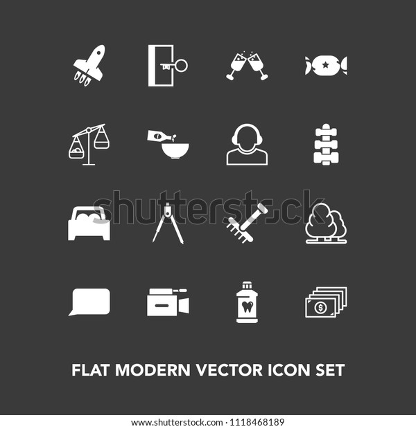 Modern, simple vector icon set on dark background
with health, rake, sweet, speech, launch, garden, tree, raking,
currency, film, engineering, gardening, nature, equipment, hygiene,
door, talk icons