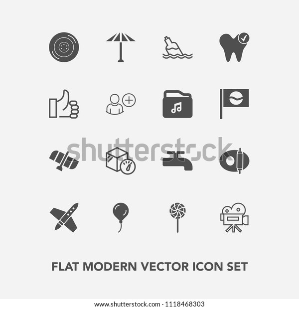 Modern, simple vector icon set with video, crane,\
weight, dentist, car, candy, decoration, clean, station,\
celebration, package, retro, planet, food, umbrella, rocket,\
birthday, automobile, box\
icons