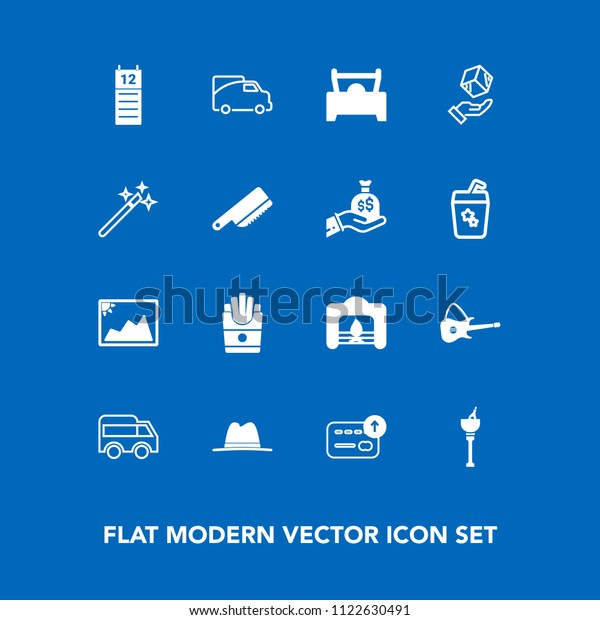 Modern, simple vector icon set on blue background\
with calendar, fast, reminder, christmas, picture, hat, vehicle,\
fireplace, money, potato, move, food, direction, french, guitar,\
music, fire icons