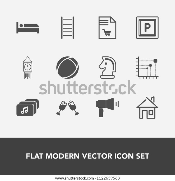 Modern, simple vector icon set with clock, sign,\
data, chess, house, alcohol, music, horse, road, chessboard,\
london, ben, big, room, street, market, car, ball, red, megaphone,\
diagram, ladder icons