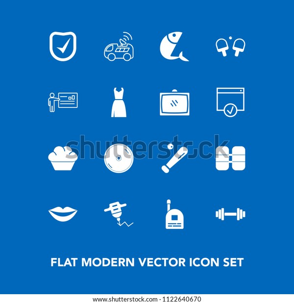 Modern, simple vector icon set on blue background\
with game, lips, vehicle, hand, tennis, league, teeth, sport, work,\
child, cake, female, boy, sweet, fun, sea, dessert, doughnut, car,\
satellite icons