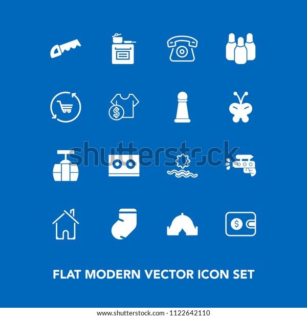 Modern, simple vector icon set on blue background\
with kitchen, fashion, house, music, modern, adventure, estate,\
cable, game, finance, water, sun, oven, construction, saw, car,\
winter, cassette icons