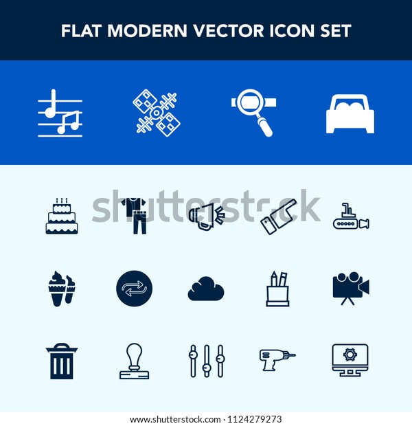 Modern, simple vector icon set with pointing, sea,\
note, clothing, people, laptop, clothes, fashion, substitute, loud,\
satellite, sound, voice, change, technology, music, shirt, ocean,\
dessert icons