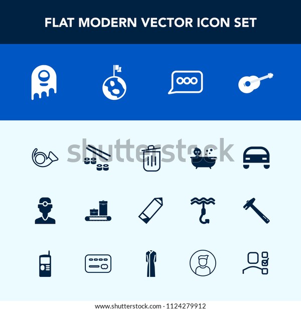 Modern, simple vector icon set with vehicle,\
nature, musical, clinic, trumpet, medicine, fish, trash, dentist,\
chat, kid, garbage, bag, speech, can, bath, travel, globe, baby,\
fiction, japan icons