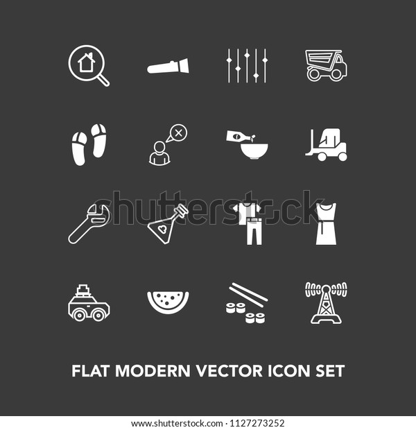 Modern, simple vector icon set on dark background\
with online, station, spanner, night, watermelon, dress, seafood,\
real, bag, musical, luggage, wrench, estate, equality, shirt,\
communication icons