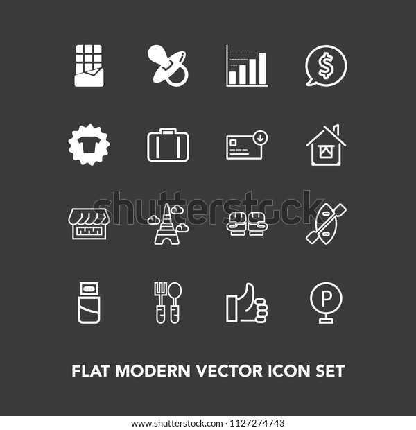 Modern, simple vector icon set on dark background\
with plug, fork, urban, spoon, glove, chocolate, paris, food, shop,\
france, bar, canoe, usb, fight, tower, water, oar, dinner, good,\
computer icons