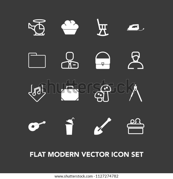 Modern, simple vector icon set on dark background\
with divider, dessert, beverage, cup, public, internet,\
transportation, speaker, bag, download, air, tool, nature, white,\
food, work, edible\
icons