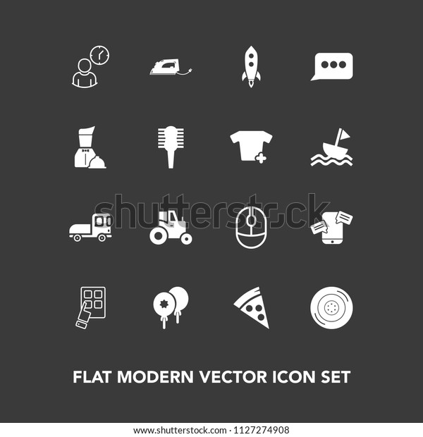 Modern, simple vector icon set on dark background\
with device, modern, clock, restaurant, work, sign, celebration,\
time, pizza, business, message, farm, electric, tire, agricultural,\
automobile icons