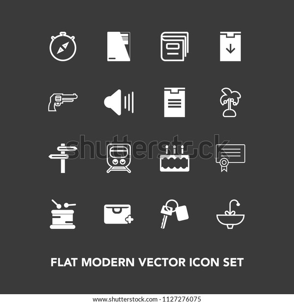 Modern, simple vector icon set on dark background\
with sweet, railway, bathroom, education, document, bag, musical,\
success, travel, drum, direction, auto, water, east, faucet, cake,\
add, book icons
