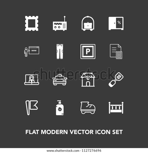 Modern, simple vector icon set on dark background\
with video, spatula, vacation, frame, car, border, child, cradle,\
call, white, estate, kid, building, technology, beautiful,\
internet, bed, soap\
icons