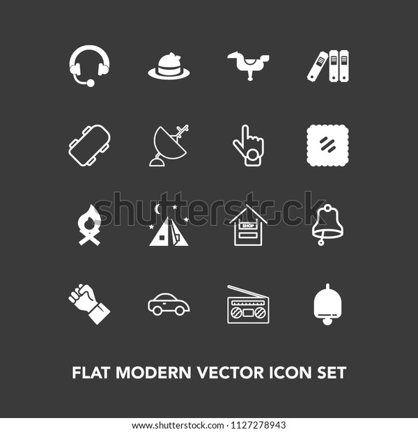 Modern, simple vector icon set on dark background\
with tent, human, play, equipment, audio, radio, customer,\
clothing, transportation, office, camp, campfire, sound, hat,\
style, record, people\
icons