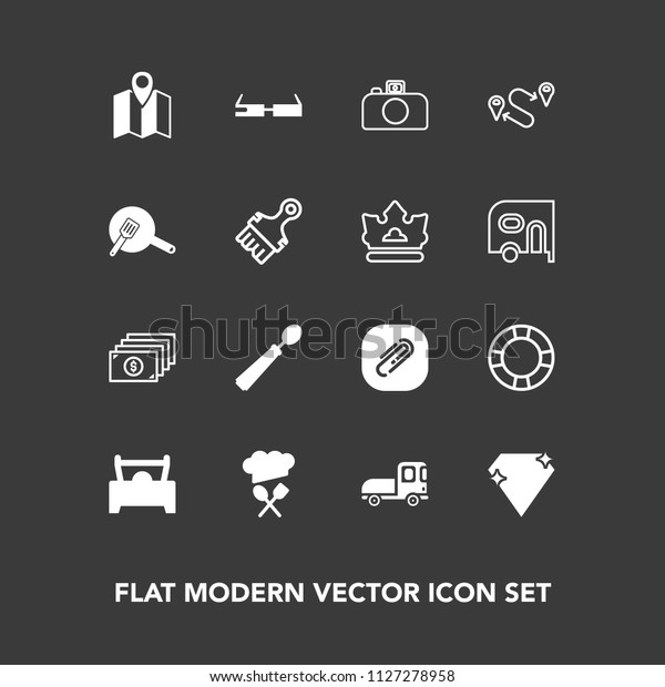 Modern, simple vector icon set on dark background\
with pin, paperclip, water, transport, cooking, location, kitchen,\
crown, travel, car, transportation, technology, destination,\
summer, camera icons