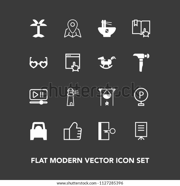 Modern, simple vector icon set on dark background\
with lot, video, tropical, campfire, fireplace, businessman,\
summer, hot, flame, sign, nature, find, web, travel, road, people,\
search, meal icons