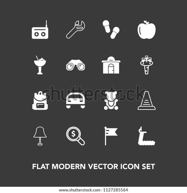 Modern, simple vector icon set on dark background\
with tool, school, web, step, apple, electricity, internet, bear,\
business, sport, music, spanner, fruit, america, fresh, find,\
nation, lamp, up icons
