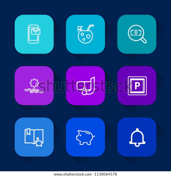 Modern, simple vector icon set on colorful long\
shadow backgrounds with book, morning, communication, drink, bell,\
sunrise, find, sea, sign, sun, click, alcohol, notification,\
concept, snorkel\
icons.