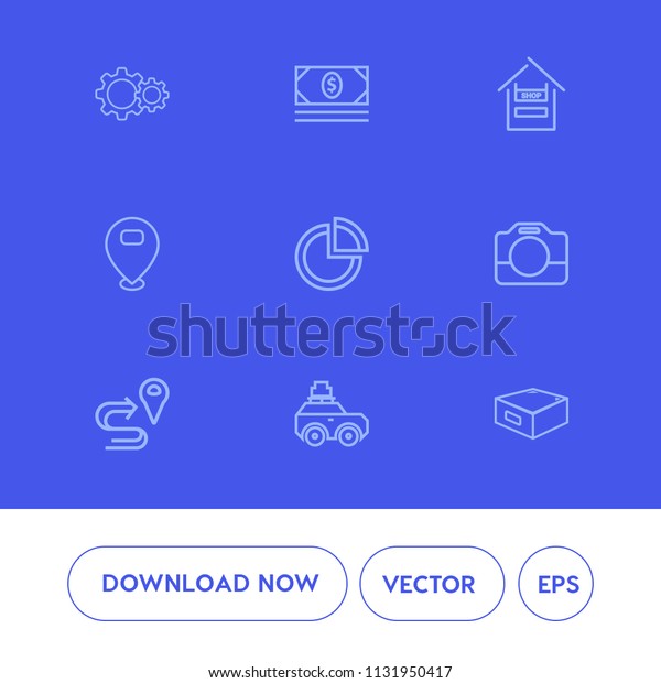 Modern, simple vector icon set on blue background\
with concept, travel, trolley, banking, finance, wealth, map,\
suitcase, luggage, coin, web, cash, market, money, supermarket,\
bag, road, route icons