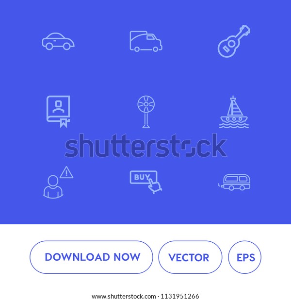 Modern, simple vector icon set on blue background\
with road, sea, ventilator, book, musical, phone, contact, bus,\
buy, cooler, fan, music, electric, traffic, concert,\
transportation, ocean, note\
icons