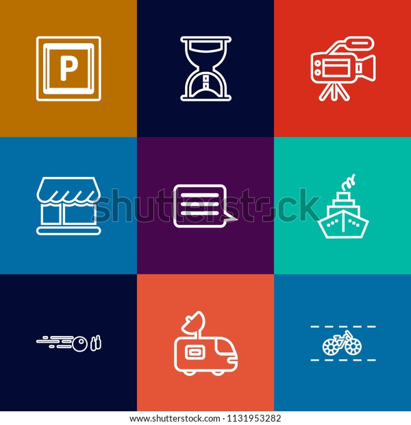 Modern, simple vector icon set on colorful flat\
backgrounds with tv, street, message, video, wheel, media, zone,\
minute, van, cycle, lens, watch, television, transport, sign,\
camera, vehicle, \
icons