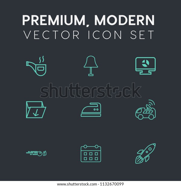 Modern, simple vector icon set on dark grey\
background with clothes, light, space, tobacco, pipe, technology,\
iron, illumination, trash, strike, ironing, science, box, calendar,\
retro, day, ball icons