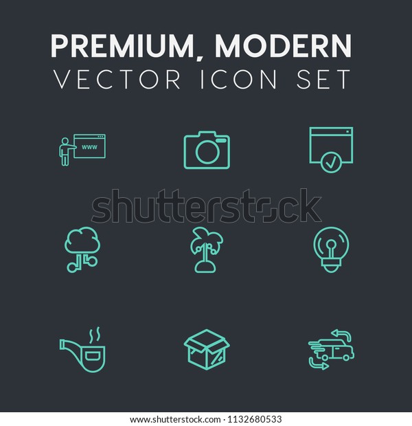 Modern, simple vector icon set on dark grey\
background with concept, fast, electric, retro, internet,\
unpacking, summer, business, delivery, bulb, electricity, new,\
website, tropical, equipment\
icons